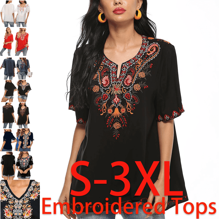 Grosy Embroidered Tops for Women Short Sleeve V Neck Plus Size Boho Mexican Style Blouse Peasant Tops Women T Shirts Casual Tee Ladies