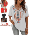 thumbnail image 1 of Grosy Womens Plus Size Tops Short Sleeve V Neck Shirts Tunic Casual Floral Embroidered Loose Summer Fall Blouses Mexican Peasant Cotton Rayon Shirts-443/White/2XL, 1 of 9