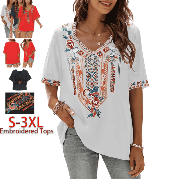 Grosy Womens Plus Size Tops Short Sleeve V Neck Shirts Tunic Casual Floral Embroidered Loose Summer Fall Blouses Mexican Peasant Cotton Rayon Shirts-443/White/3XL