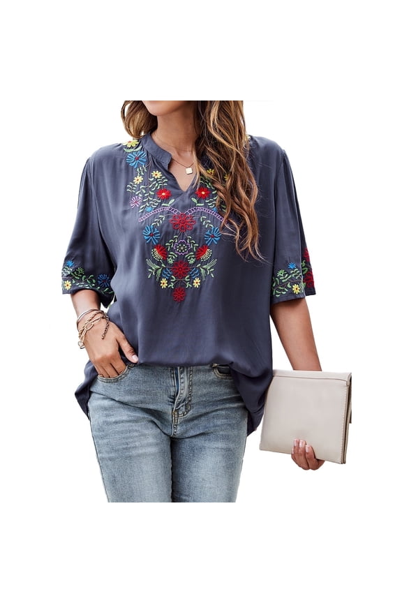 Womens Plus Size Tops Short Sleeve V Neck Shirts Tunic Casual Floral Embroidered Loose Summer Fall Blouses Mexican Peasant Cotton Rayon Shirts-323/Blue/L