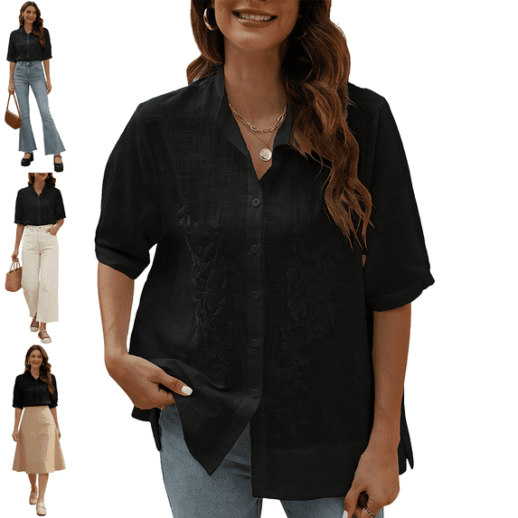 Women's Plus Size Tops Summer Cotton Floral Emboridered Button Down Short Sleeve Shirts Boho Mexican Button Up Shirts for Women Casual Loose Peasant Tunic-Black/422/G-M