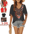 thumbnail image 1 of Grosy Womens Plus Size Tops Short Sleeve V Neck Shirts Tunic Casual Floral Embroidered Loose Summer Fall Blouses Mexican Peasant Cotton Rayon Shirts-443/Black/M, 1 of 9