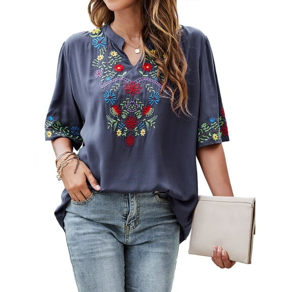 Grosy Womens Plus Size Tops Short Sleeve V Neck Shirts Tunic Casual Floral Embroidered Loose Summer Fall Blouses Mexican Peasant Cotton Rayon Shirts-323/Blue/S
