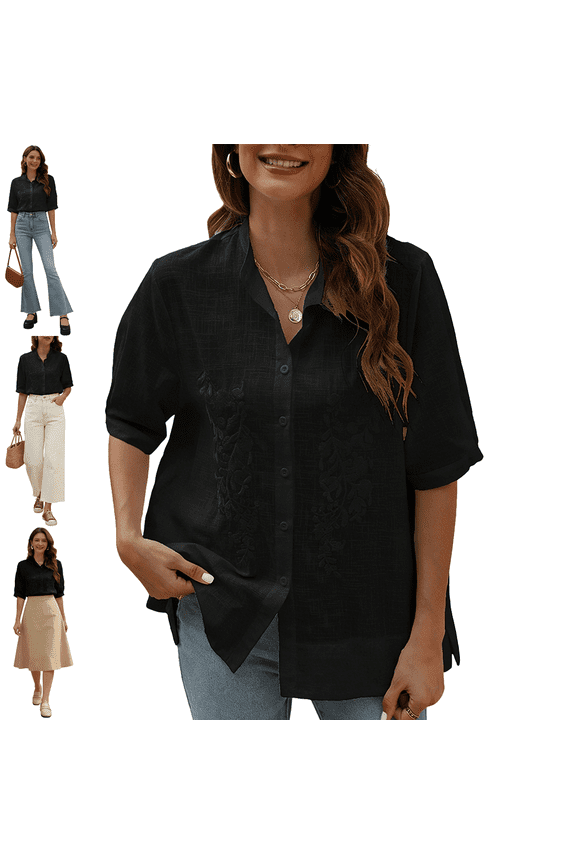 Women's Plus Size Tops Summer Cotton Floral Emboridered Button Down Short Sleeve Shirts Boho Mexican Button Up Shirts for Women Casual Loose Peasant Tunic-Black/422/G-2XL