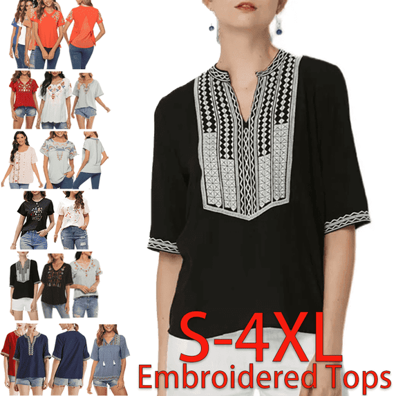 Grosy Embroidered Tops for Women V Neck Short Sleeve Boho Embroidered Blouses Cotton Rayon Peasant Blouse Summer Tops Vintage Bohemian Clothes-Black Tops/L/G-058
