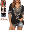 thumbnail image 1 of Grosy Womens Plus Size Tops Short Sleeve V Neck Shirts Tunic Casual Floral Embroidered Loose Summer Fall Blouses Mexican Peasant Cotton Rayon Shirts-442/Black/2XL, 1 of 5