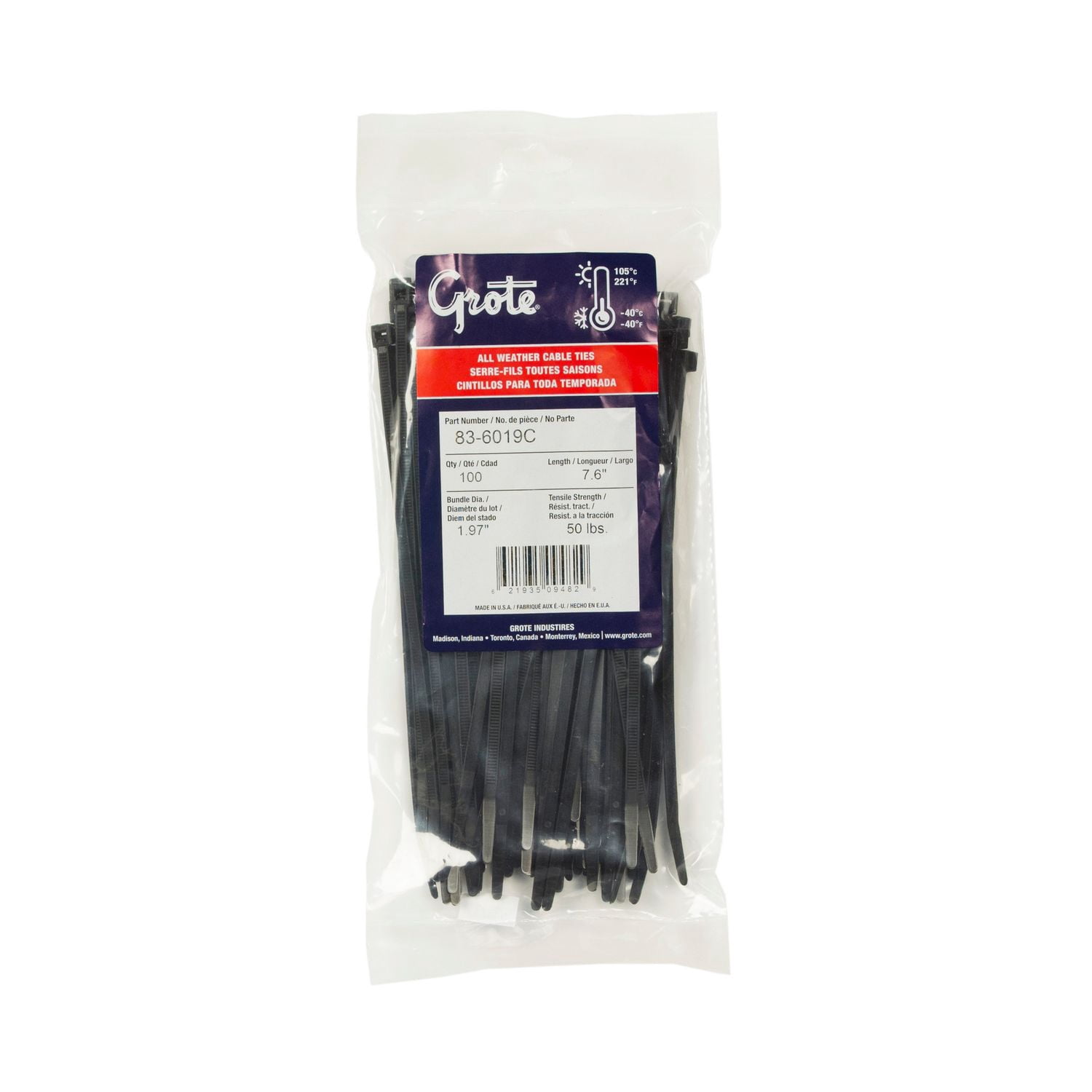 Grote 83-6019 Standard Tie Black 7.6 Inch 50 Lb Pack 100