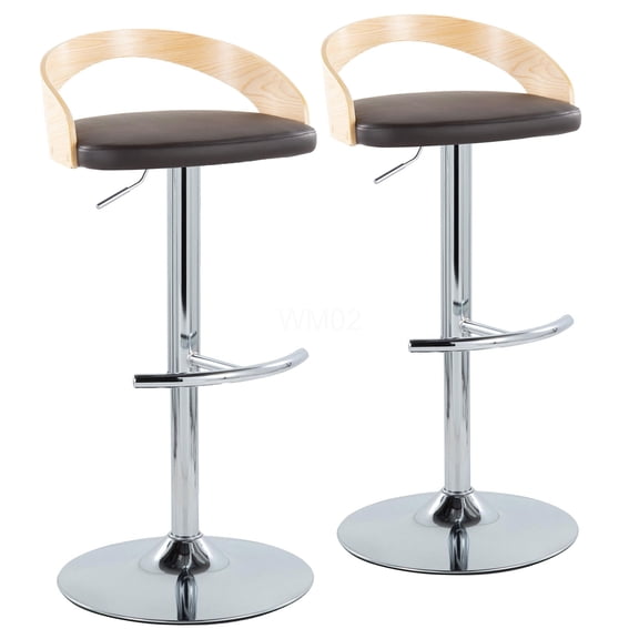 Grotto Adjustable Swivel Bar Stools, Set of 2 with Faux Leather Seat, Chrome Metal Frame and Wood Accents