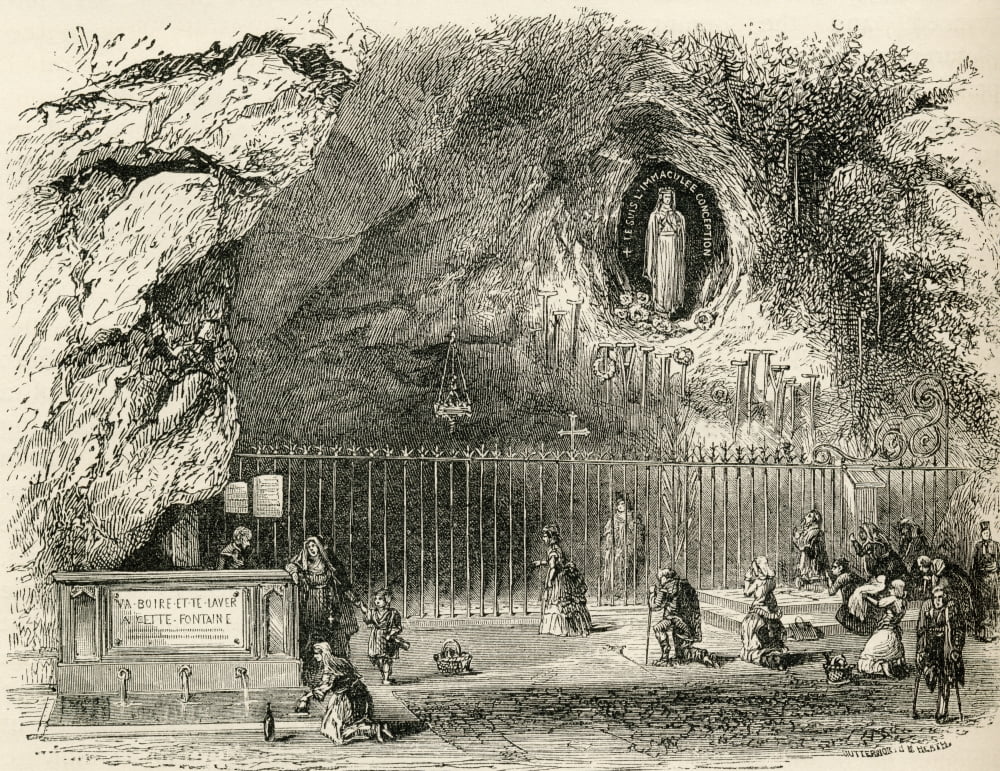 Grotto Of Massabielle In The Sanctuary Of Our Lady Of Lourdes France In The 19Th Century From French Pictures By The Rev Samuel G Green Published 1878 Canvas Art - Ken Welsh Design Pics (16 x 12)