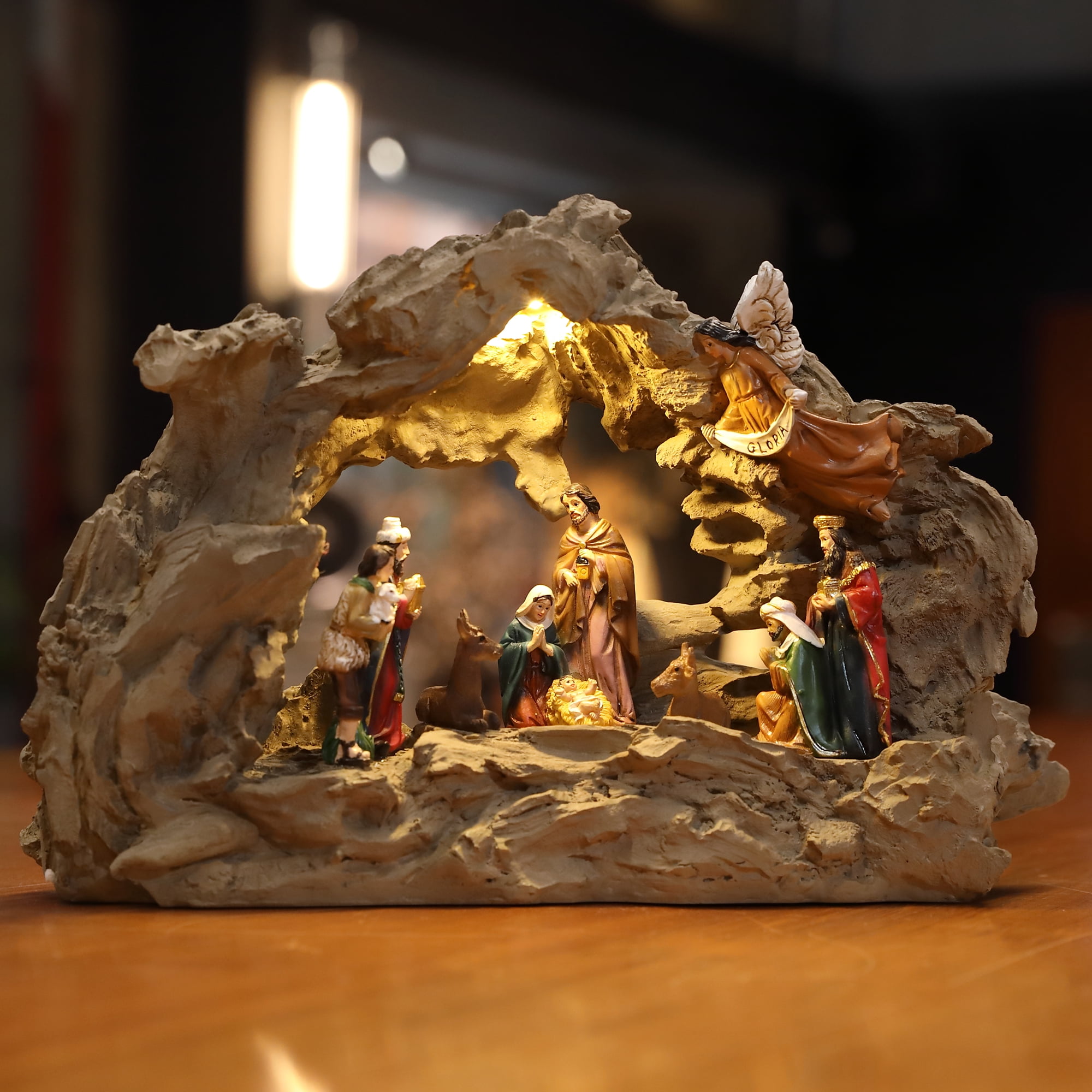 Grotto Nativity Scene Set with LED Christmas Ornament Holiday Gift 13