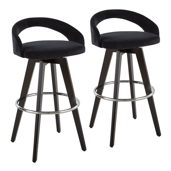 Grotto Upholstered 30" Contemporary Fixed-Height Barstool with Swivel in Black Wood and Black Velvet with Round Chrome Metal Footrest By LumiSource - Set of 2