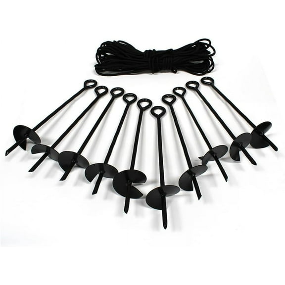 Ground Anchor Kit,15-inch Steel Powder Coated, Auger w/100 feet of Rope, Black, A10200