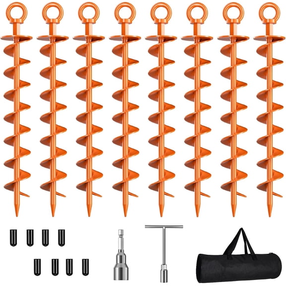 Ground Anchor Screw in, 8 Pack Spiral Trampoline Anchors with Nut and Tool Swing Set Anchors Tent Stakes High Wind Heavy Duty for Sheds, Carports, Mobile Home Orange