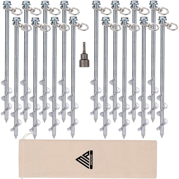 Ground Anchors Screw in - 12" Set of 16 with Drill Bit - Earth Anchors - Ground Stakes Heavy Duty - Mobile Home Anchors - Shed Anchor Kit - Swing Set Anchors - Tree Stakes - Awning Canopy Anchor