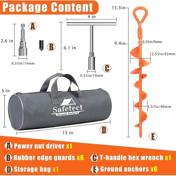 Ground Anchors Screw in 15 Inch, Heavy Duty Earth Anchor Stakes for Trampoline, Camping, Canopies, Tents, Securing Animals, Swing Set Anchors, 6 Pack Tent Stakes