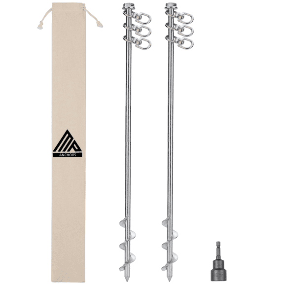 Ground Anchors Screw in - 24" Set of 2 with Drill Bit - Earth Anchors - Ground Stakes Heavy Duty - Mobile Home Anchors - Shed Anchor Kit - Swing Set Anchors - Tree Stakes - Awning Canopy Anchor