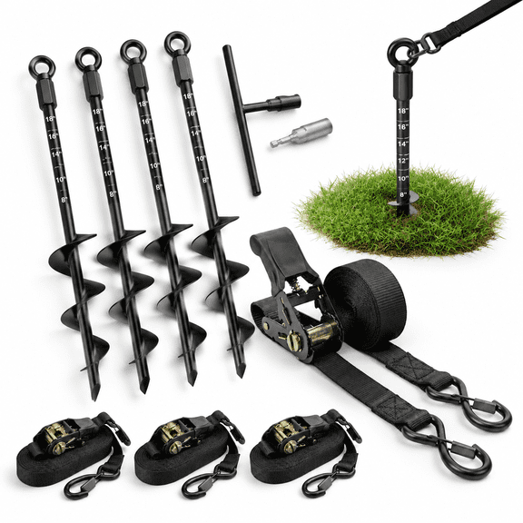 Ground Anchors Screw In Kit With Ratchet Straps (18" 24" 30" 3/4 Pack) - Fully Welded Heavy Duty Earth Anchor Spiral Tie Down Sta