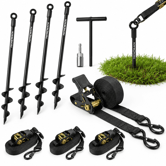 Ground Anchors Screw In Kit With Ratchet Straps (18" 24" 30" 3/4 Pack) - Fully Welded Heavy Duty Earth Anchor Spiral Tie Down Sta