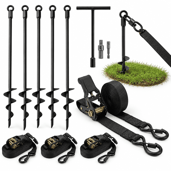 Ground Anchors Screw In Kit With Ratchet Straps (18" 24" 30" 3/4 Pack) - Fully Welded Heavy Duty Earth Anchor Spiral Tie Down Sta