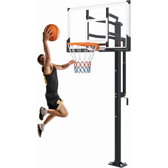 In Ground Basketball Hoop Outdoor 7.5-10FT Adjustable Height with Crank, in-Gound Basketball Goal System with 54 Inch Shatterproof PC Backborad and Solid Steel Rim