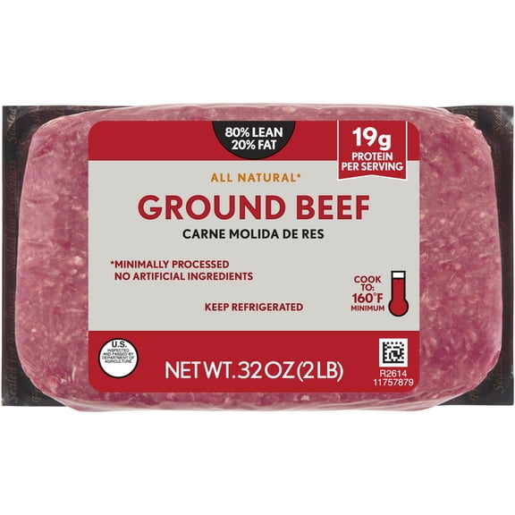 Ground Beef, 80% Lean/20% Fat,  All Natural*, 19g Protein per Serving, 2 lb, Fresh