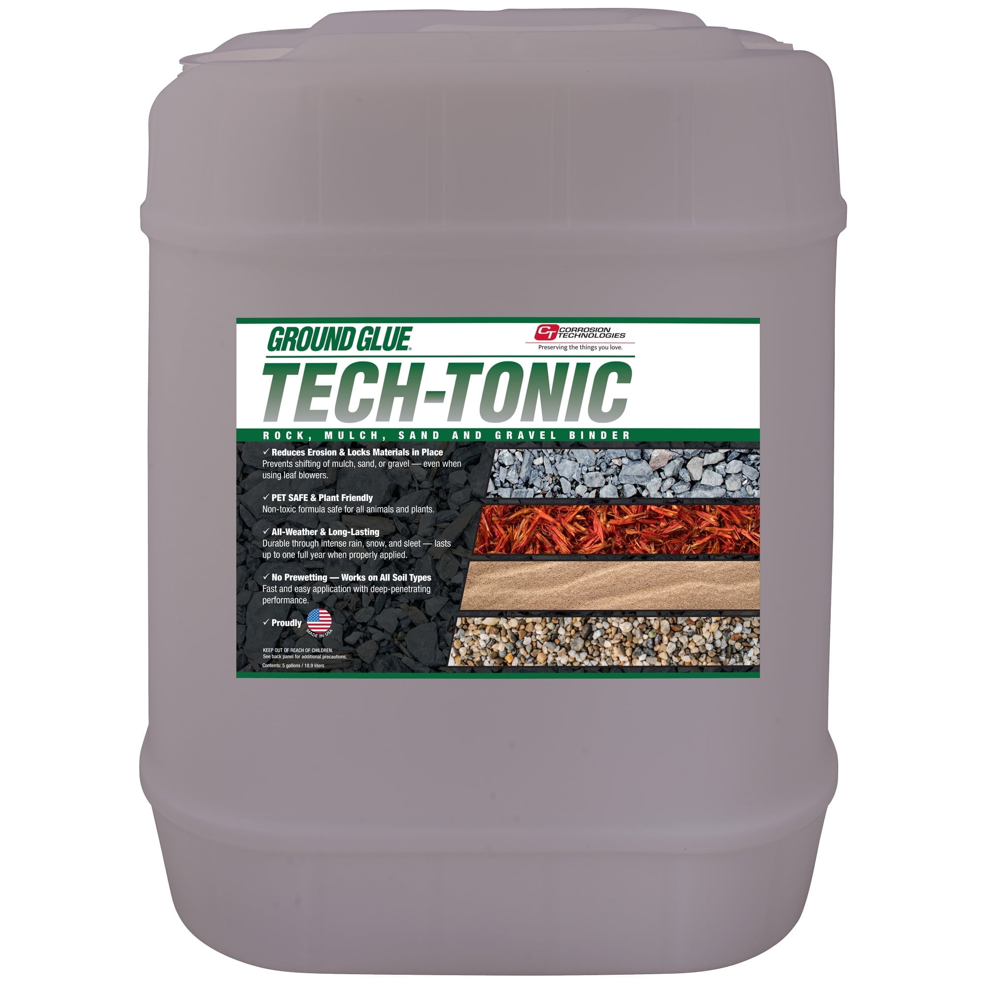 Ground Glue Tech-Tonic Landscape Adhesive for Rock, Mulch, and Sand, Weatherproof Long-Lasting Stabilizer for Trails & Slopes, Pet-Safe Binder for Pea Gravel, Bark & Flower Beds, 5 Gallon Tote
