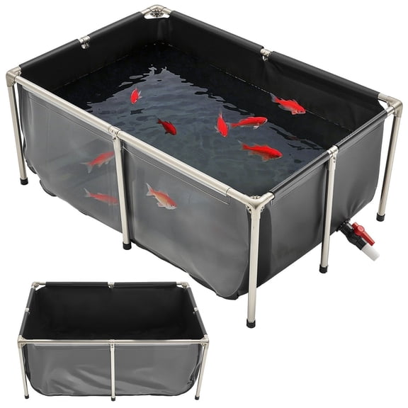 Above Ground Koi Pond, 126.8 Gallon PVC Fish Tank with Viewing Window, Rectangular Goldfish Pond with Steel Frame & Drain, for Outdoor Koi Breeding & Garden Irrigation (Black)