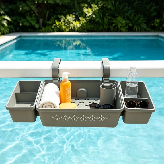 Above Ground Pool Accessories - Poolside Storage Basket for Above Ground Pool, Hanging Pool Storage Organizer with Cup Holder & Hooks, Pool Accessories Organizer for Towels, Goggles, Toys