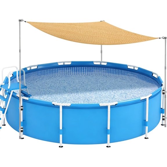 Above Ground Pool Shade Canopy Set Triangular Sun-Resistant Sunshade with Rubber Brick&Support Poles No Blowing Away or Shifting Outdoor Patio Sun Shade Cloth for 11-16Ft Swimming Pool Deck Accessory
