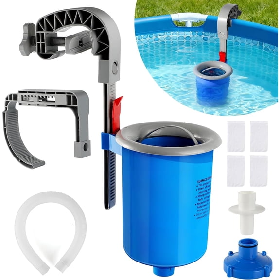 Above Ground Pool Skimmer with 4 Skimmer Socks, Floating Surface Skimmer, Wall Mount Pool Surface Skimmer with Hose and Basket, Attaches to Inflatable Collars, Tubular and Metal Frames