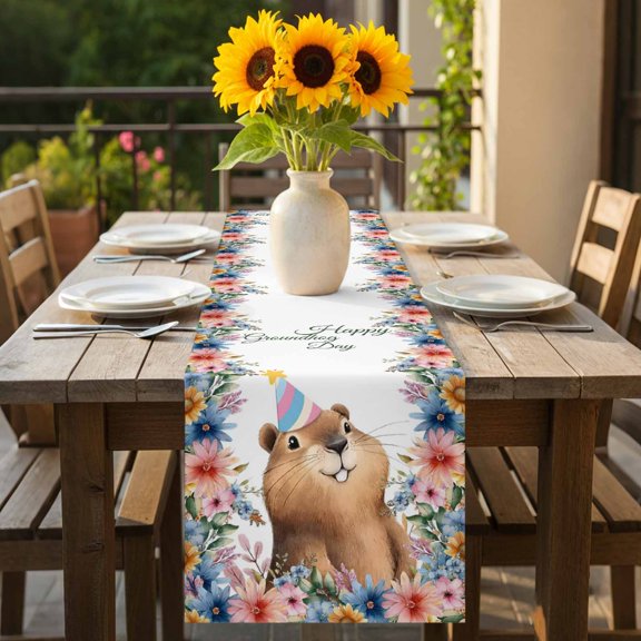 Ground Rat Flower Bushes Leaves Table Runner 36 Inches Long,Kitchen Dining Tablerunners Happy Groundhog Day Linen Table Runners Dresser Scarves for Home Dinner Wedding Holiday Party Decor