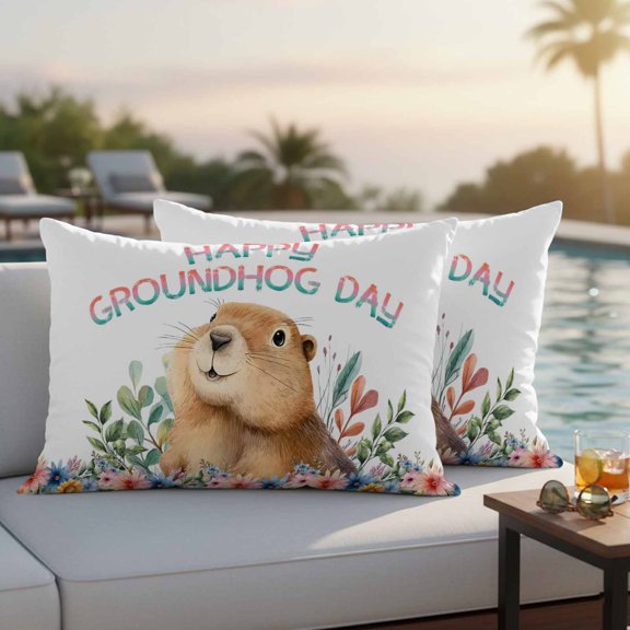 Ground Rat Flower Bushes Rustic Leaves Outdoor Pillow Covers 20x12 Inch Lumbar Pillow Covers Set of 2 Waterproof Decorative Throw Pillow Cases Happy Groundhog Day Cushion Covers for Patio Furniture