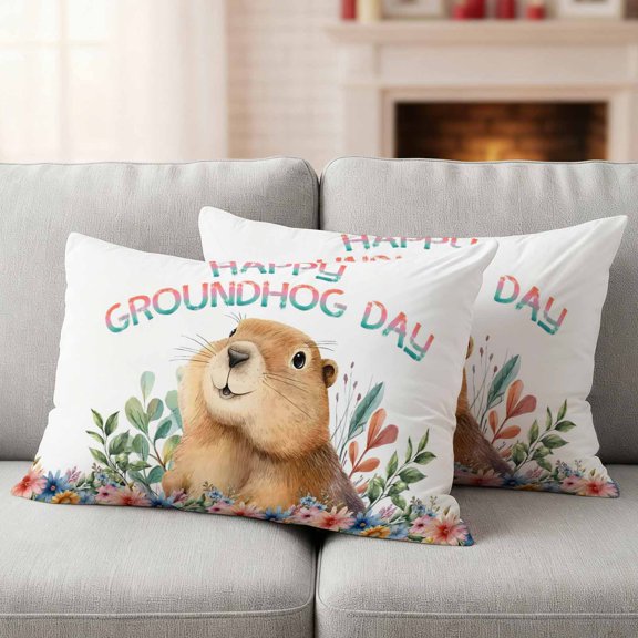 Ground Rat Flower Bushes Rustic Leaves Outdoor Waterproof Throw Pillow Covers 20x12 Set of 2, Happy Groundhog Day Pillowcases Cushion Pillowcase for Couch Sofa Patio Outside Pillow Protector