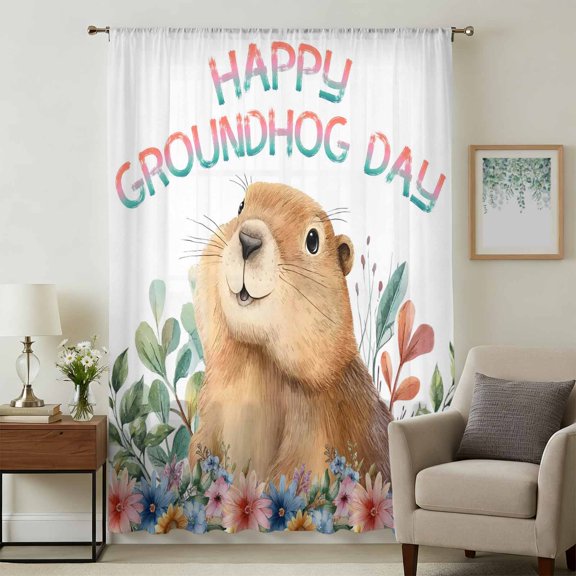 Ground Rat Flower Bushes Rustic Leaves Sheer Curtains 45 Inches Long, Happy Groundhog Day Light Filering Curtains, Breathable Simi Curtain Privacy Drapes for Kitchen Bathroom Small Window Treatment