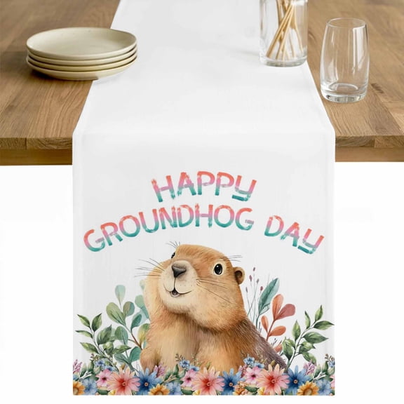 Ground Rat Flower Bushes Rustic Leaves Table Runner - 48 Inch Long Happy Groundhog Day Cotton and Linen Blended Dress Scarves Farmhouse Table Runner for Kitchen Dining, Coffee Table, 13" x 48"