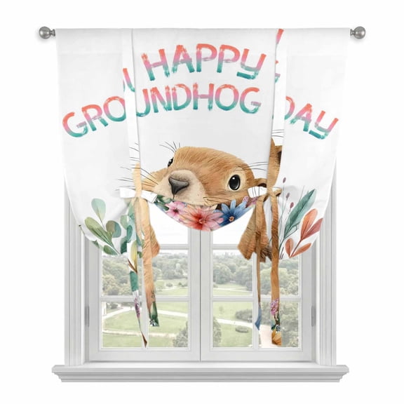 Ground Rat Flower Bushes Rustic Leaves Tie Up Curtains 45 Inches Long, Kitchen Window Curtains Over Sink, Happy Groundhog Day Small Window Curtains Shade Balloon Curtains Valances for Bedroom 34"x45"