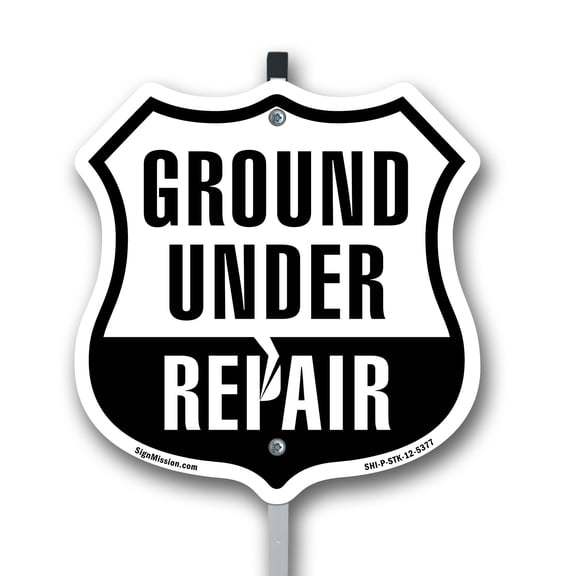 Ground Under Repair 12 inch X 12 inch Shield Shaped Commercial Grade Plastic Sign with Aluminum Mounting Stake Weather Resistant Made in the USA