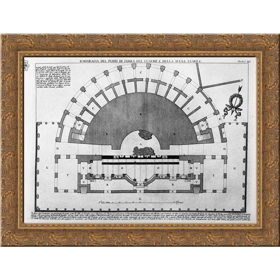 Ground plan of the ground floor of the theater and the stage of stable 24x20 Gold Ornate Wood Framed Canvas Art by Piranesi, Giovanni Battista
