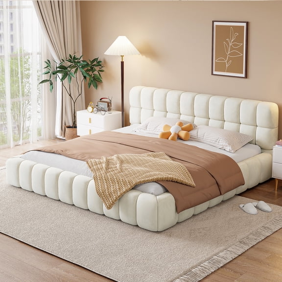 Grounded Bed with Solid Frame, Particle Board, Beige, Durable Build, Quality Materials