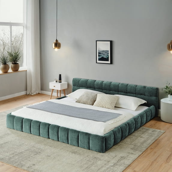 Grounded King Size Bed Frame, Upholstered Chenille Platform Bed Frame with Tufted Headboard and Wooden Slats Support, No Box Spring Needed, Blue+Green