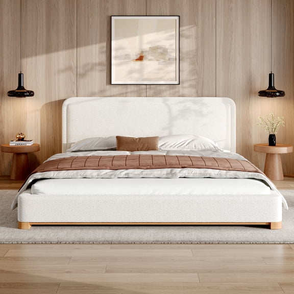 Grounded Platform Bed California King Size with High Headboard, Boucle Upholstered Bed Frame with Wood Slats and No Box Spring Needed, Sturdy Support, White