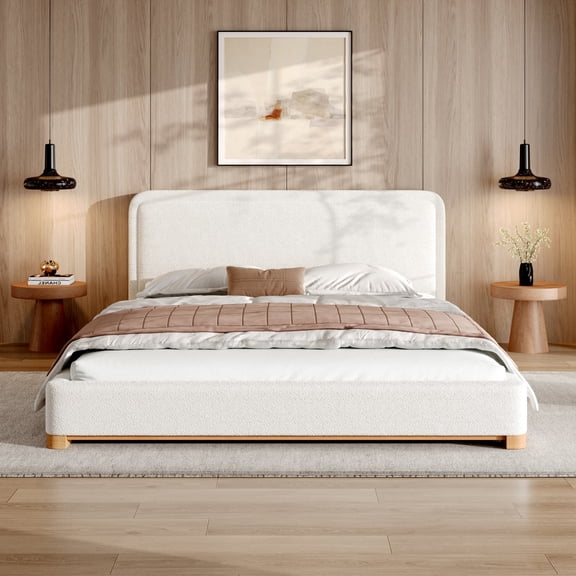 Grounded Platform Bed Queen Size with High Headboard, Boucle Upholstered Bed Frame with Wood Slats and No Box Spring Needed, Sturdy Support, White