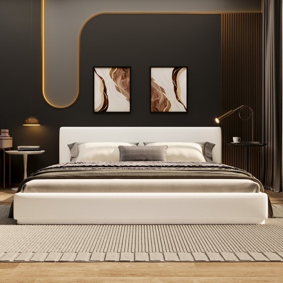 Grounded Upholstered Bed Frame Queen Size with Headboard, Velvet Floor Platform Bed, Stable Slats and Center Support, No Box Spring Needed, White