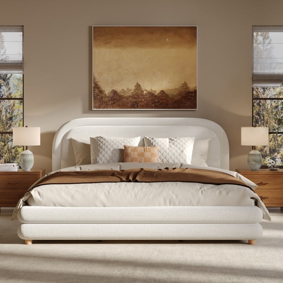 Grounded Upholstered Platform Bed Frame King Size with Headboard, Boucle Bed Frame with Wood Slats and Center Support, No Box Spring Needed, White