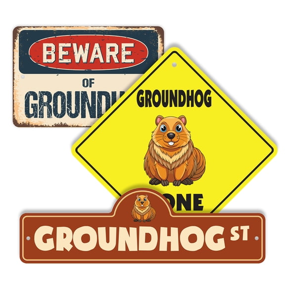 Groundhog (3 Pack) Plastic Street Sign Crossing Sign Warning Sign Vintage Rustic Beware Warning Xing Animal Nature Wildlife Burrow Weather Cute Rustic Fun Outdoors Decor Symbol