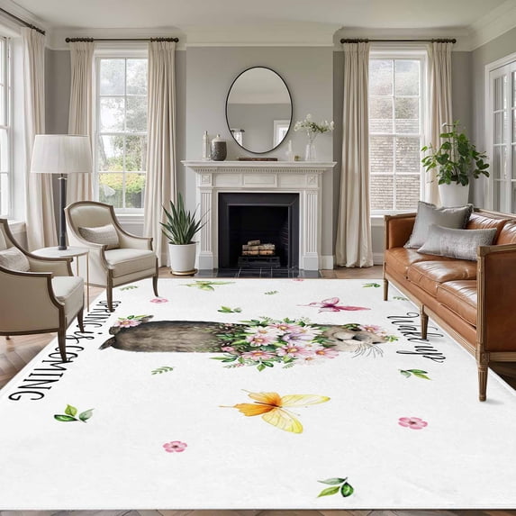 Groundhog 5'x7' Area Rug, Spring Floral Butterfly Botanical Washable Non-Slip Soft Rugs, Low-Pile Large Carpet for Living Room Bedroom Dining Room, Non-Shedding Accent Rug