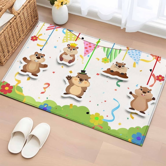 Groundhog Day 2'x3' Washable Rug, Bunting Floral Cartoon Funny Colorful Cute Non-Slip Doormat Area Rugs for Entrance Bathroom Bedsides, StainResistant Carpet for Kitchen Bedroom, Entryway Floor Mat