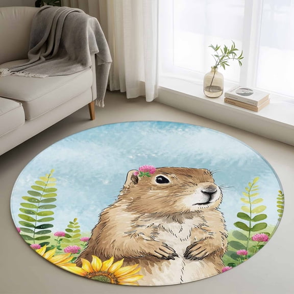 Groundhog Day 3ft Area Rug, Sunflower Spring Floral Botanical Blue Washable Non-Slip Small Round Rugs for Entryway Bedroom Kitchen, Soft Circle Carpet for Dining Room, Playroom Nursery Rug