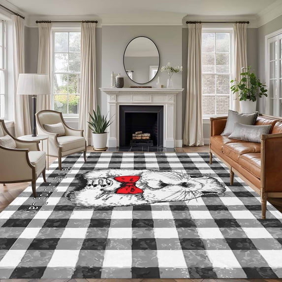 Groundhog Day 5'x7' Area Rug, Red Bow Knot Black Checkered Washable Non-Slip Soft Rugs, Low-Pile Large Carpet for Living Room Bedroom Dining Room, Non-Shedding Accent Rug
