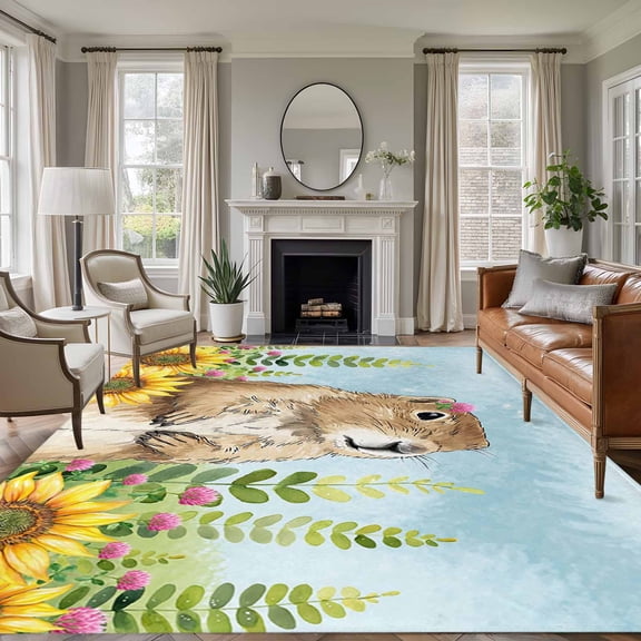 Groundhog Day 6'x9' Area Rug for Living Room, Sunflower Spring Floral Botanical Blue Non-Slip Floor Mat Rugs for Bedroom Dining Room, Indoor Large Carpet for Classroom, Nursery Rugs for Playroom